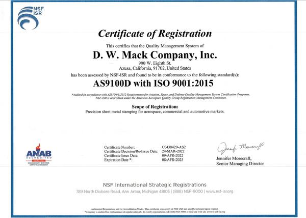 D.W. Mack AS9100D ISO 9001:2015 Certificate of Registration